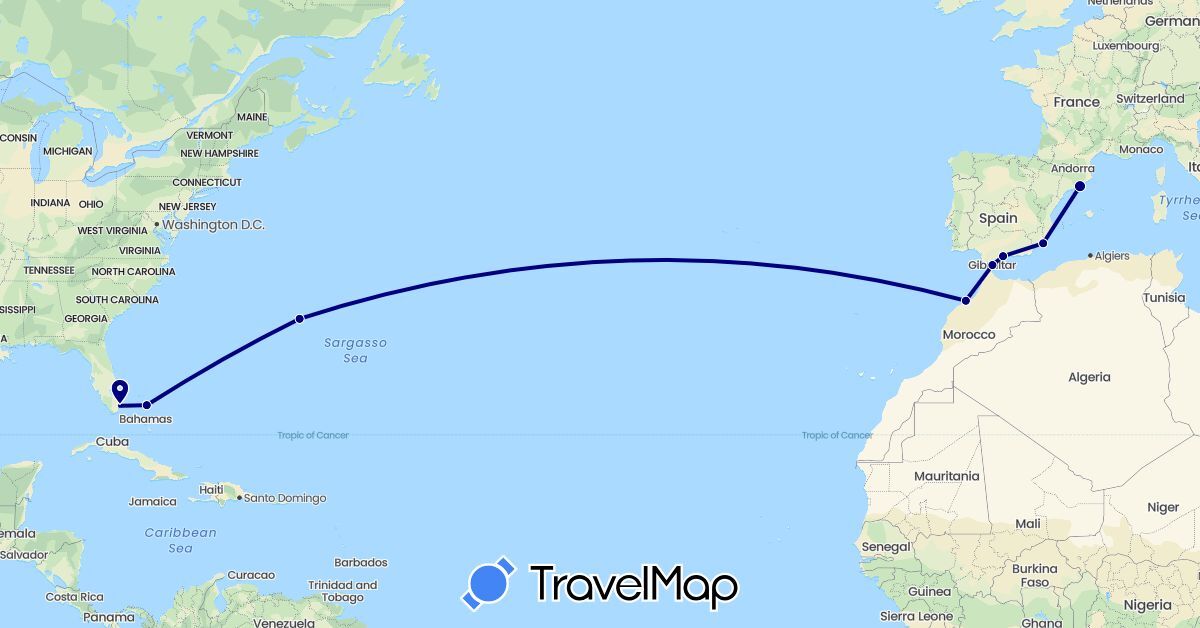 TravelMap itinerary: driving in Bermuda, Bahamas, Spain, Gibraltar, Morocco, United States (Africa, Europe, North America)